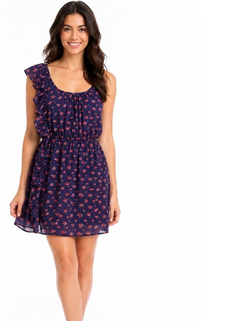 Deb Navy Blue Ruffle Dress with Red and Pink Flowers